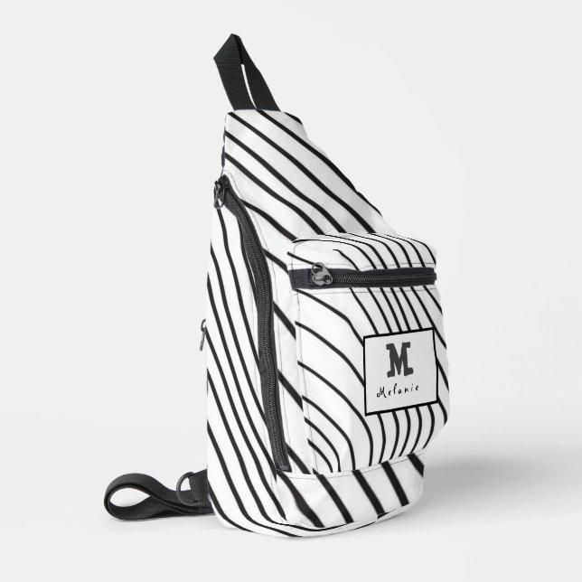Bandolera Black and white striped Abstract minimal Monogram  (Esquina izquierda)