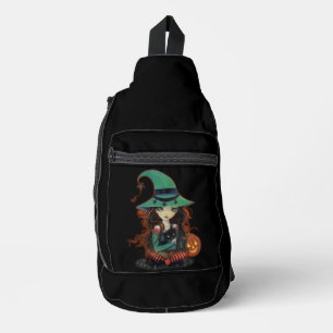 Bandolera Bruja de ojos grandes de Halloween con gato negro
