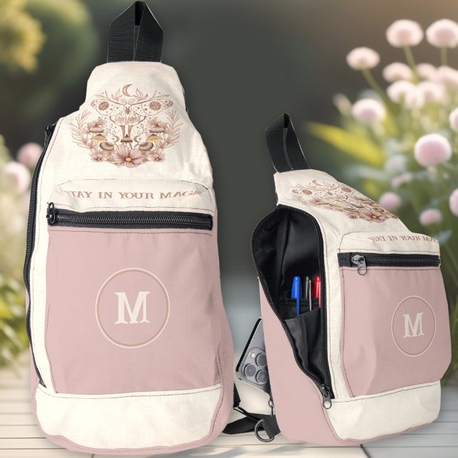 Bandolera Celestial Dusty Pink Moth Mushrooms Monograma Nomb (Celestial Dusty Pink Moth Mushrooms Monogram Name Sling Bag)