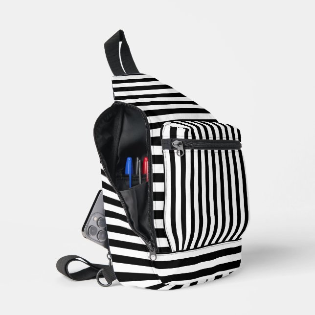 Bandolera Chic Black White Striped Stylish Sling Bag (Abierto)