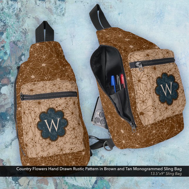 Bandolera Chica de país Rústico Patrón floral Azul Marrón (Sling Bag: Country Flowers Hand Drawn Rustic Pattern in Brown and Tan with a Navy Blue Monogram)