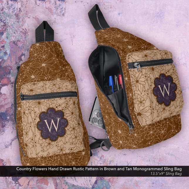 Bandolera Chica de país Rústico Patrón floral Morado púrpura (Sling Bag: Country Flowers Hand Drawn Rustic Pattern in Brown and Tan with a Dark Purple Monogram)