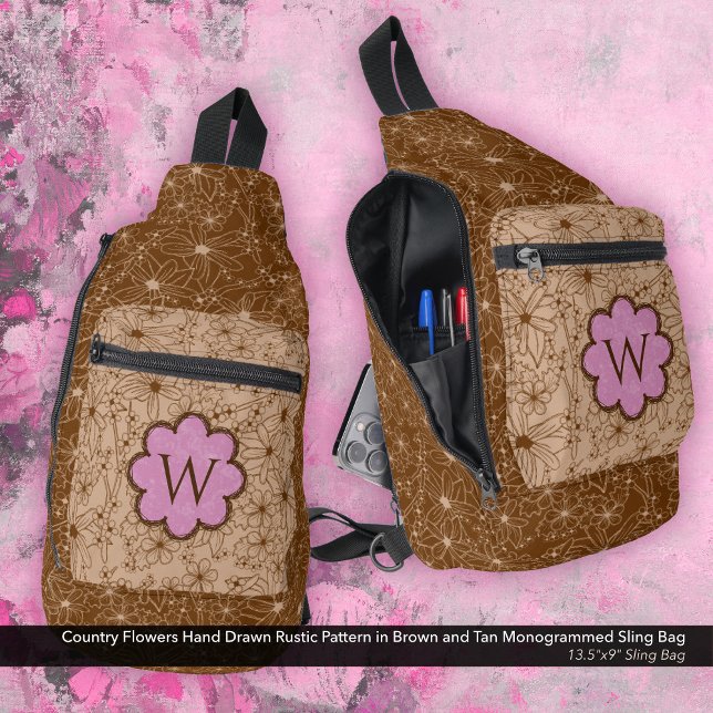 Bandolera Chica de país Rústico Patrón floral Rosa Marrón (Sling Bag: Country Flowers Hand Drawn Rustic Pattern in Brown and Tan with a Soft Pink Monogram)