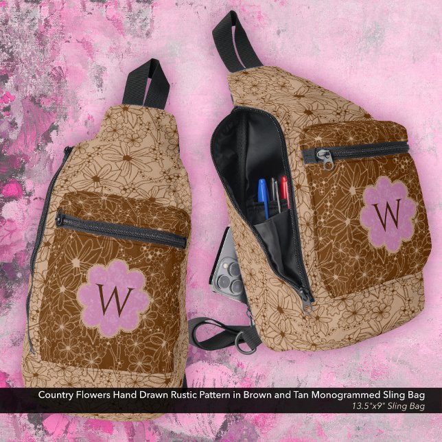 Bandolera Chica de país Rústico Patrón floral Rosa Marrón (Sling Bag: Country Flowers Hand Drawn Rustic Pattern in Brown and Tan with a Soft Pink Monogram)