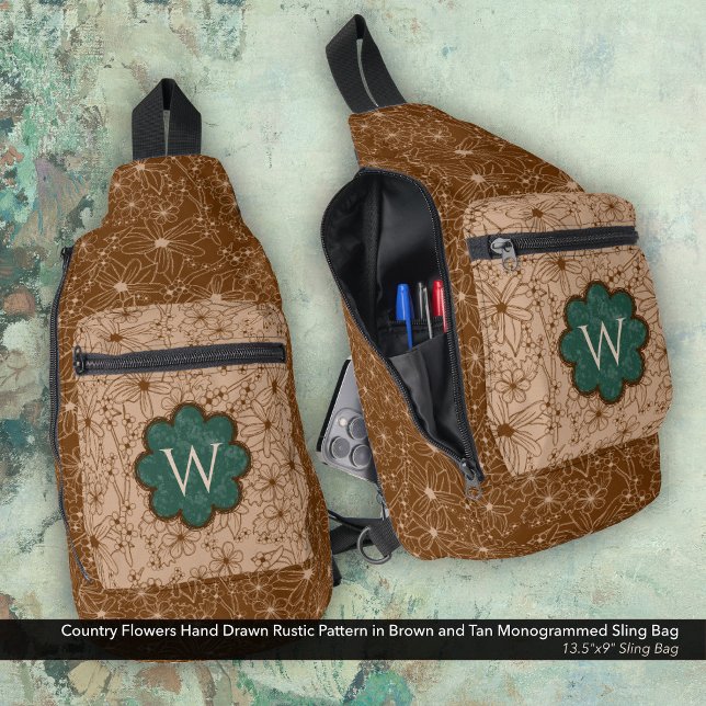 Bandolera Chica de país Rústico Patrón floral Verde Marrón (Sling Bag: Country Flowers Hand Drawn Rustic Pattern in Brown and Tan with a Forest Green Monogram)