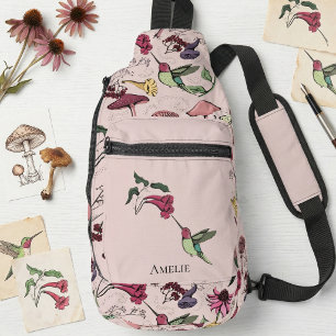 Bandolera Colibrí Floral Nombre Personalizado Rosa Moderno