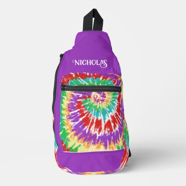 Bandolera Colores de arcoiris divertidos Retro Tye Monograma (Anverso)