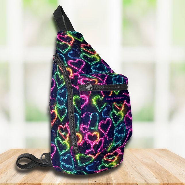Bandolera Colorida Girona moderna Neon Love Heart Personaliz (Subido por el creador)