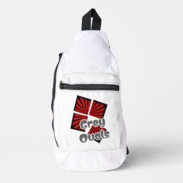 Bandolera Cuadrados rojos con vigas y óvalos grises Texto