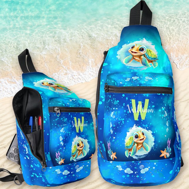 Bandolera Cuto Happy Turtle Boy Ocean Name (Cute Happy Turtle Boy Ocean Blue Name Sling Bag)