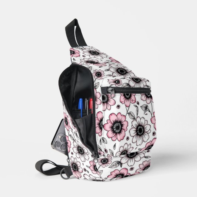 Bandolera Diseño de boceto de flores y hojas rosadas (Abierto)
