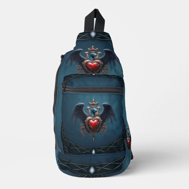 Bandolera Elegante corazón gótico con pájaro de fantasía. (Anverso)