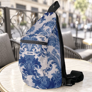 Bandolera Elegante damasco Azul toile de jouy monograma