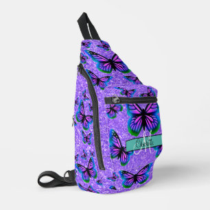 Bandolera Elegante monograma de mariposas purpurina púrpura