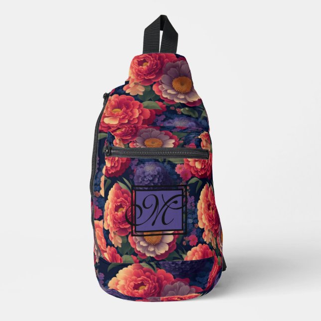 Bandolera Elegante monograma romántico floral naranja rojo (Anverso)