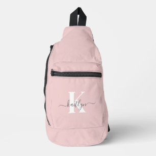 Bandolera Elegante Monograma Rubor con guión gris rosado