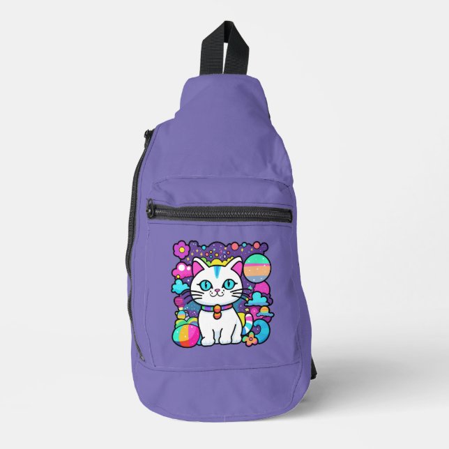 Bandolera Espacio cósmico blanco lindo gato gatito (Anverso)