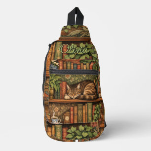 Bandolera Estante de libros antiguos con gato y café