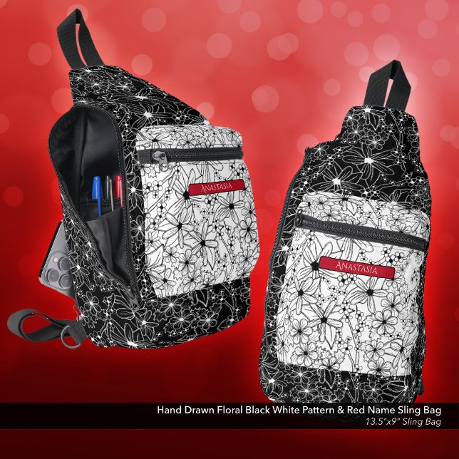 Bandolera Flor de margarita Patrón blanco negro y nombre roj (Sling Bag: Hand Drawn Floral Pattern in Black and White, Personalized with Name in Red)
