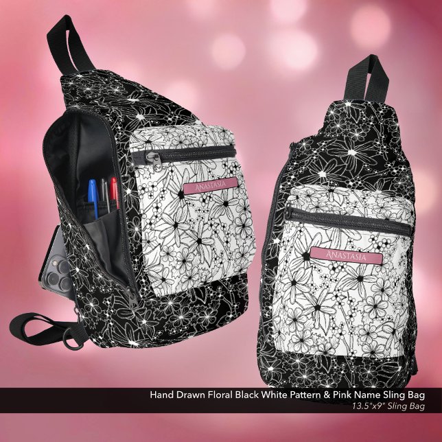 Bandolera Flor de margarita Patrón blanco negro y nombre ros (Sling Bag: Hand Drawn Floral Pattern in Black White, Personalized with Name in Pink)