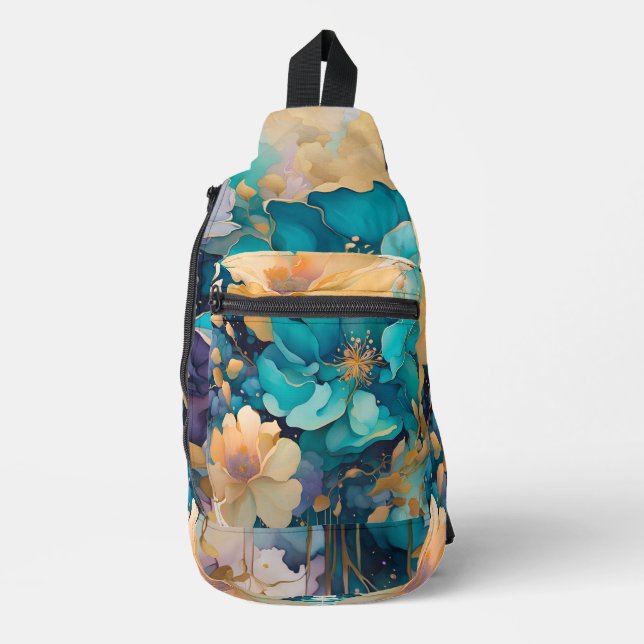 Bandolera Flores acuáticas de la Marina Púrpura Turquesa Gol (Anverso)