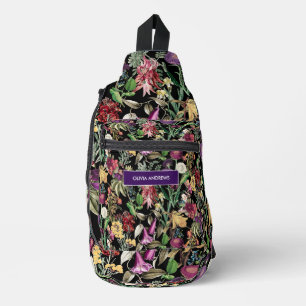 Bandolera Flores elegantes y hojas patrón floral negro