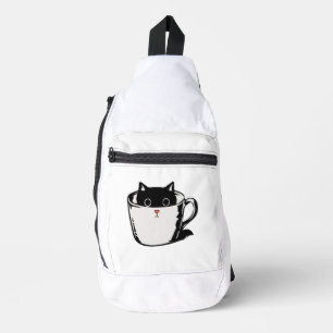Bandolera Gatito negro con nariz roja escondido en una taza