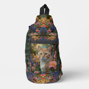 Bandolera Gato naranja blanco bonito en jardín floral