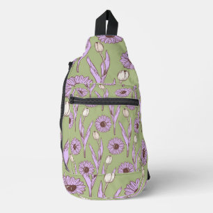 Bandolera Green Purple Retro Y2K Funky Hippie Flower Pattern