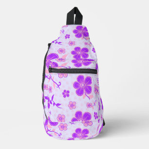 Bandolera Hermosa estampa floral púrpura y rosa sobre lavand
