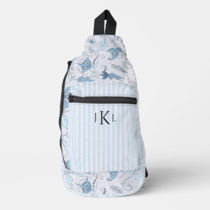 Bandolera Hermoso floral azul y monograma rayado azul