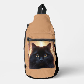 Bandolera Hermoso Gato Negro Fluffy con Ojos de Oro