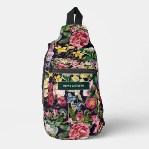 Bandolera Impresión de monograma de patrón negro floral rosa
