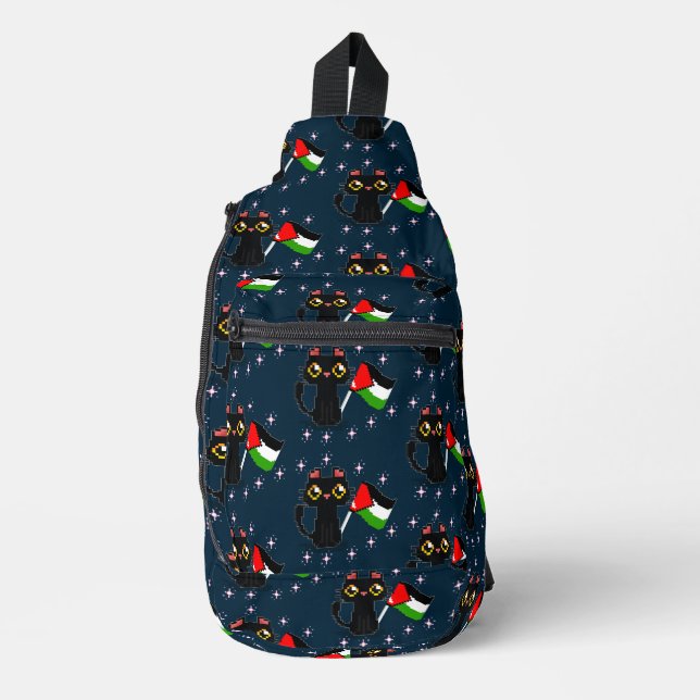 Bandolera lindo gato negro sostiene bandera palestina (Anverso)