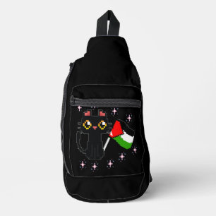 Bandolera lindo gato negro sostiene bandera palestina