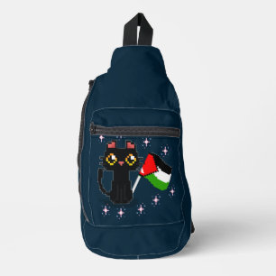 Bandolera lindo gato negro sostiene la bandera de Palestina