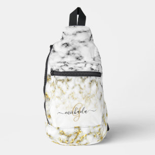 Bandolera Mármol blanco negro chispeante de oro Monograma