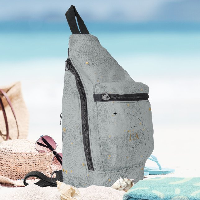 Bandolera Mínimo Viaje en Monograma Gris Gray Gold para avió (Minimal Airplane Slate Gray Gold Monogram Travel Sling Bag ©Susanne Sachers - Sunny Wanderlust 🌞✈️)