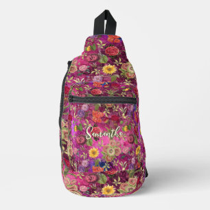 Bandolera Moda flores moradas rosadas monograma floral