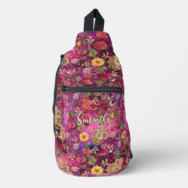 Bandolera Moda flores moradas rosadas monograma floral (Anverso)