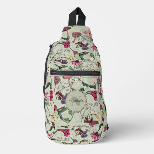 Bandolera Moda Sage Green Hummingbird, follaje y flores
