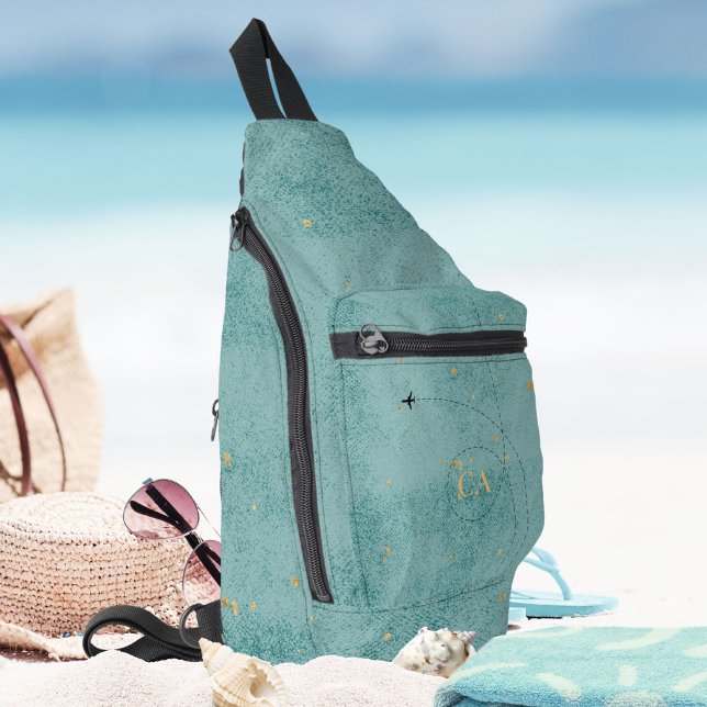 Bandolera Monograma Avión Turquesa Oscuro Viaje de Oro (Monogram Airlane Dark Turquoise Gold Travel Sling Bag ©Susanne Sachers - Sunny Wanderlust 🌞✈️)