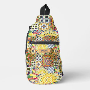 Bandolera Monograma de azulejos naranja geométricos mediterr