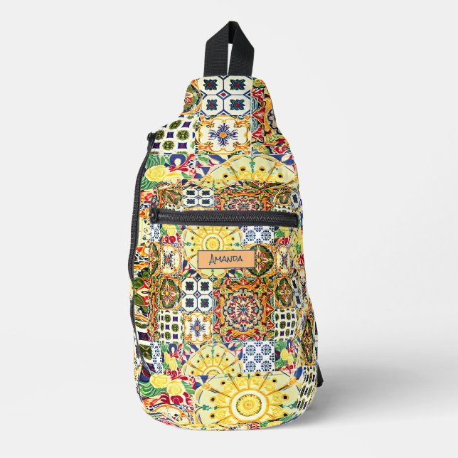 Bandolera Monograma de azulejos naranja geométricos mediterr (Anverso)