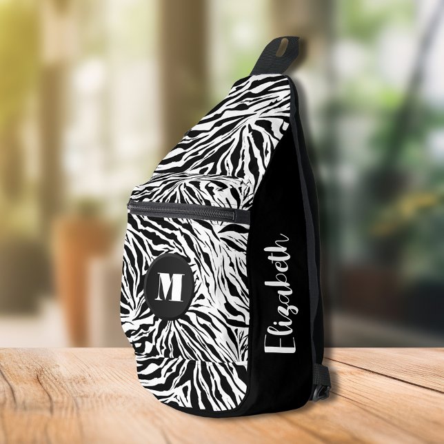 Bandolera Monograma de impresión de cebra de moda (Chic Zebra Print Monogram Sling Bag)