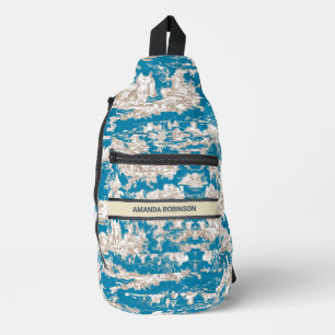 Bandolera Monograma de tela azul turquesa de jouy