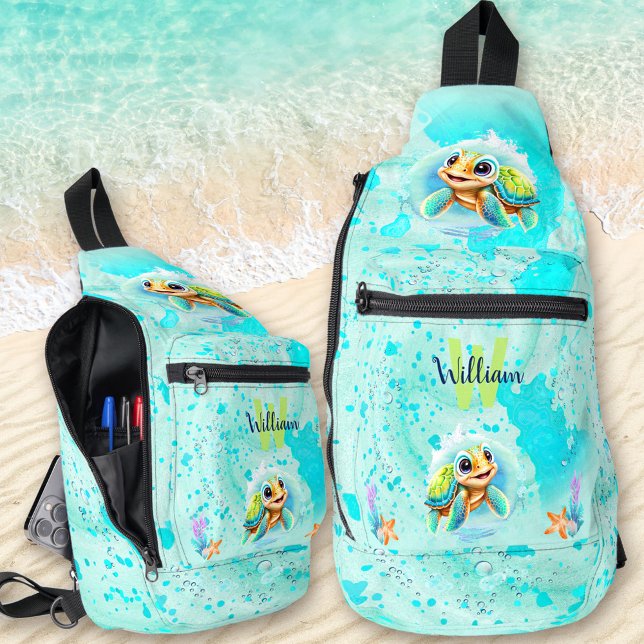 Bandolera Monograma de tortuga marina cutánea Ocean Turquois (Cute Sea Turtle Boy Ocean Turquoise Monogram Name Sling Bag)