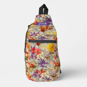 Bandolera Monograma elegante de color gris floral púrpura