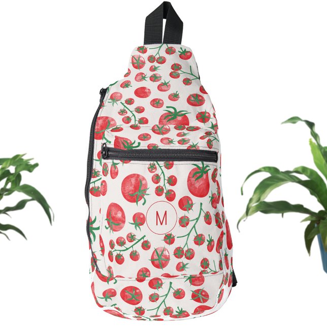 Bandolera Monograma mediterráneo de acuarela de tomate inici (Monogram initial personalized watercolor tomato print Mediterranean summer sling bag backpack)