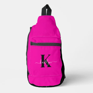 Bandolera Monograma moderno de guión negro rosa caliente